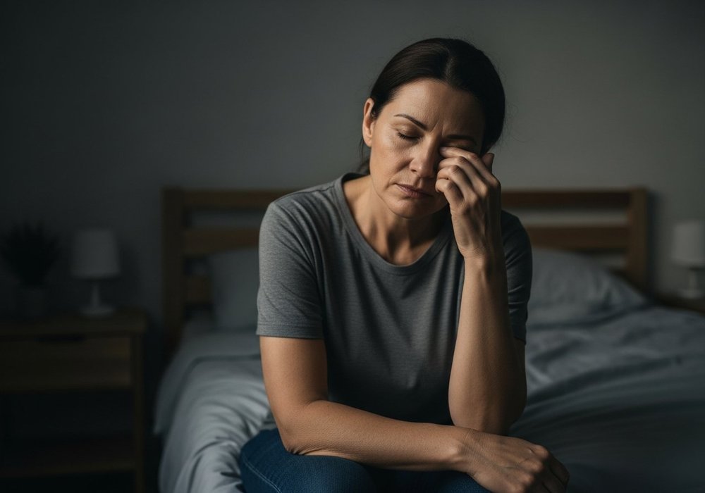 A woman in her late forties drained and low on energy in the morning