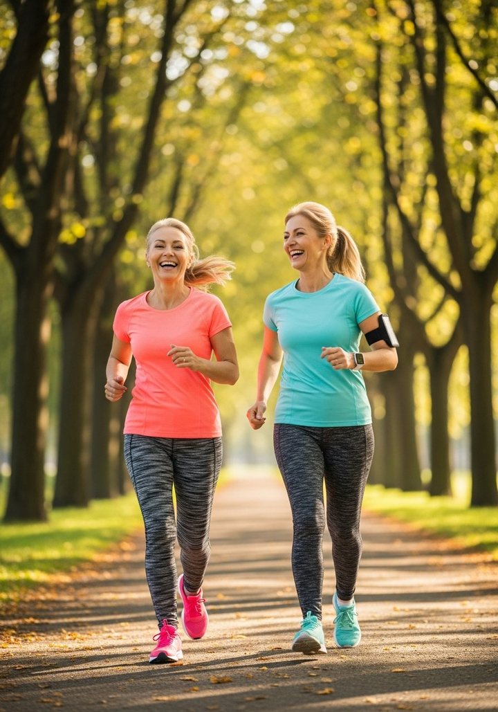 Two friends jogging and laughing in the park