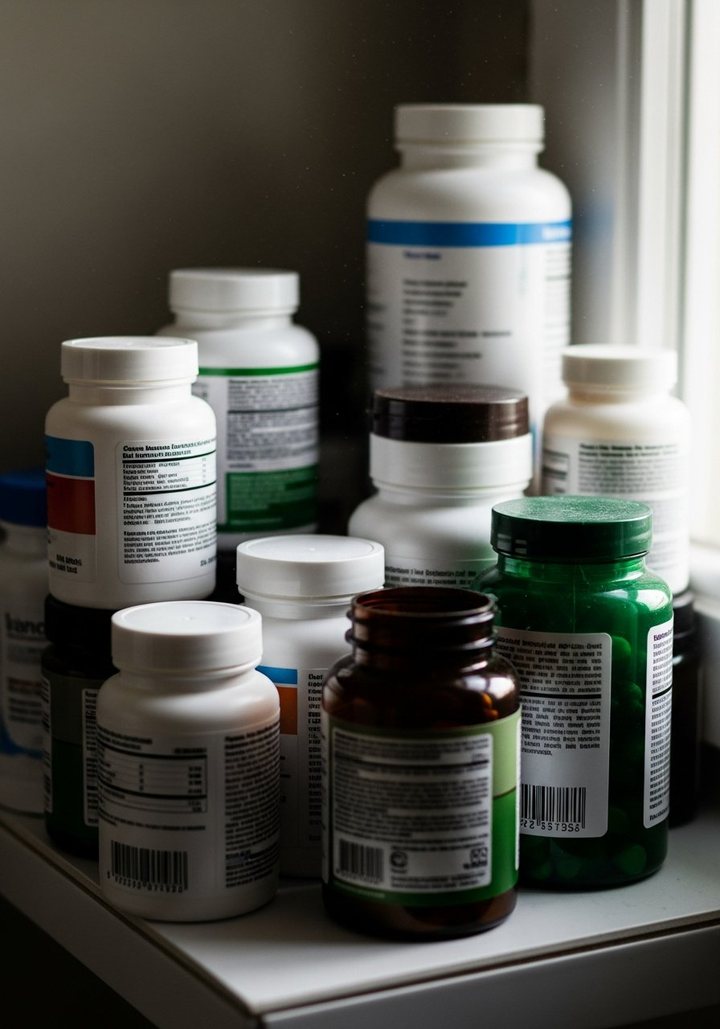 A cupboard cluttered with separate supplement bottles