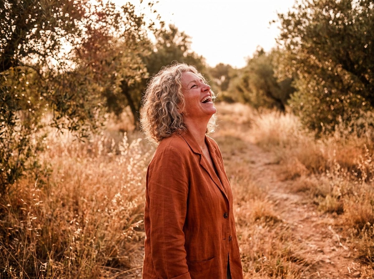 A happy, energized woman in her sixties laughing outdoors
