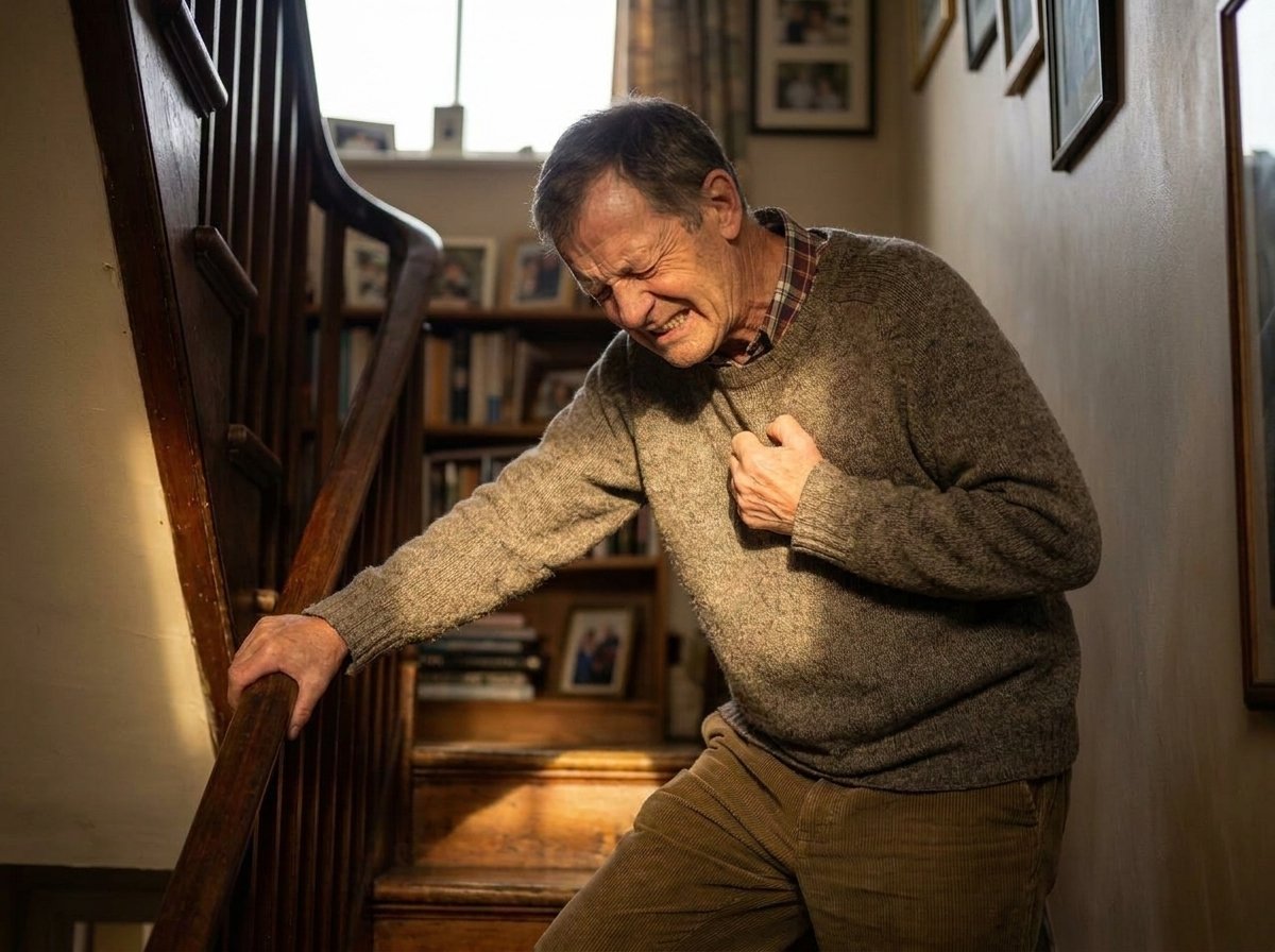 A man pausing halfway up a staircase, catching his breath