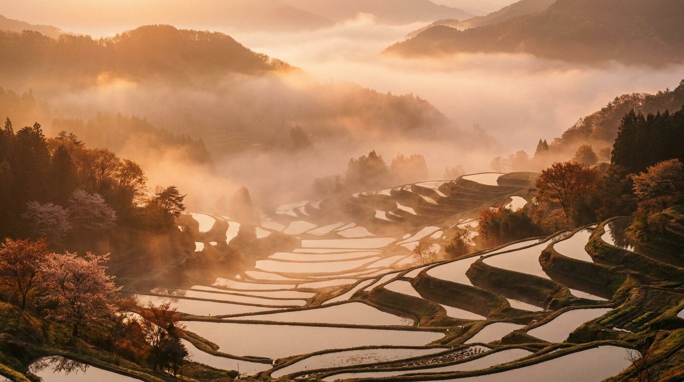 Misty terraced rice fields in Japan at golden sunrise