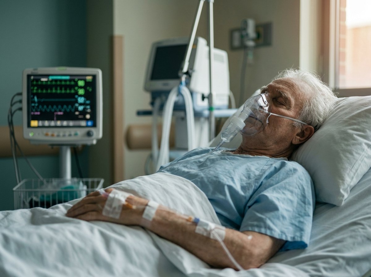 An elderly man in an intensive-care bed on oxygen, wired to a cardiac monitor