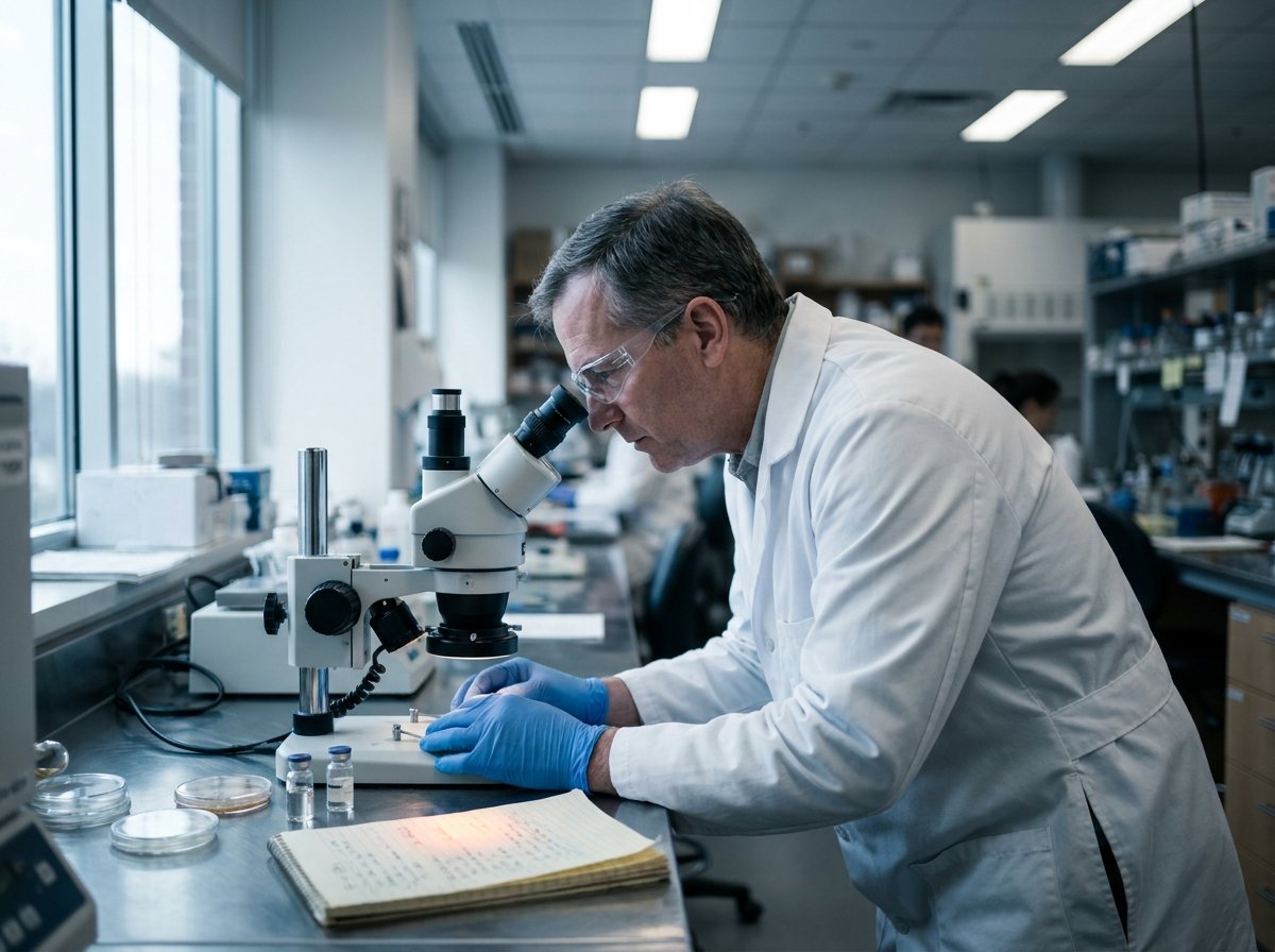 A research scientist in a lab coat examining a sample through a microscope