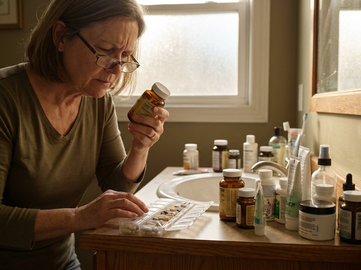 A woman squinting at a supplement label over a bathroom counter crowded with separate bottles