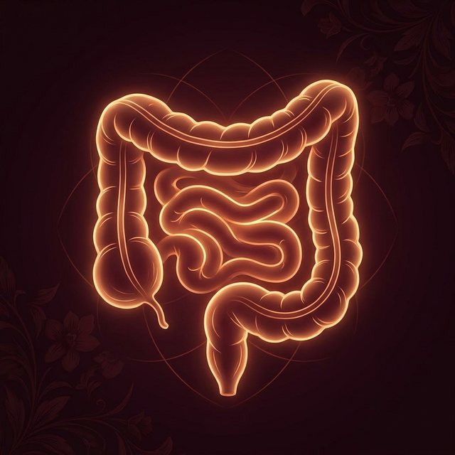 A glowing golden illustration of the human gut