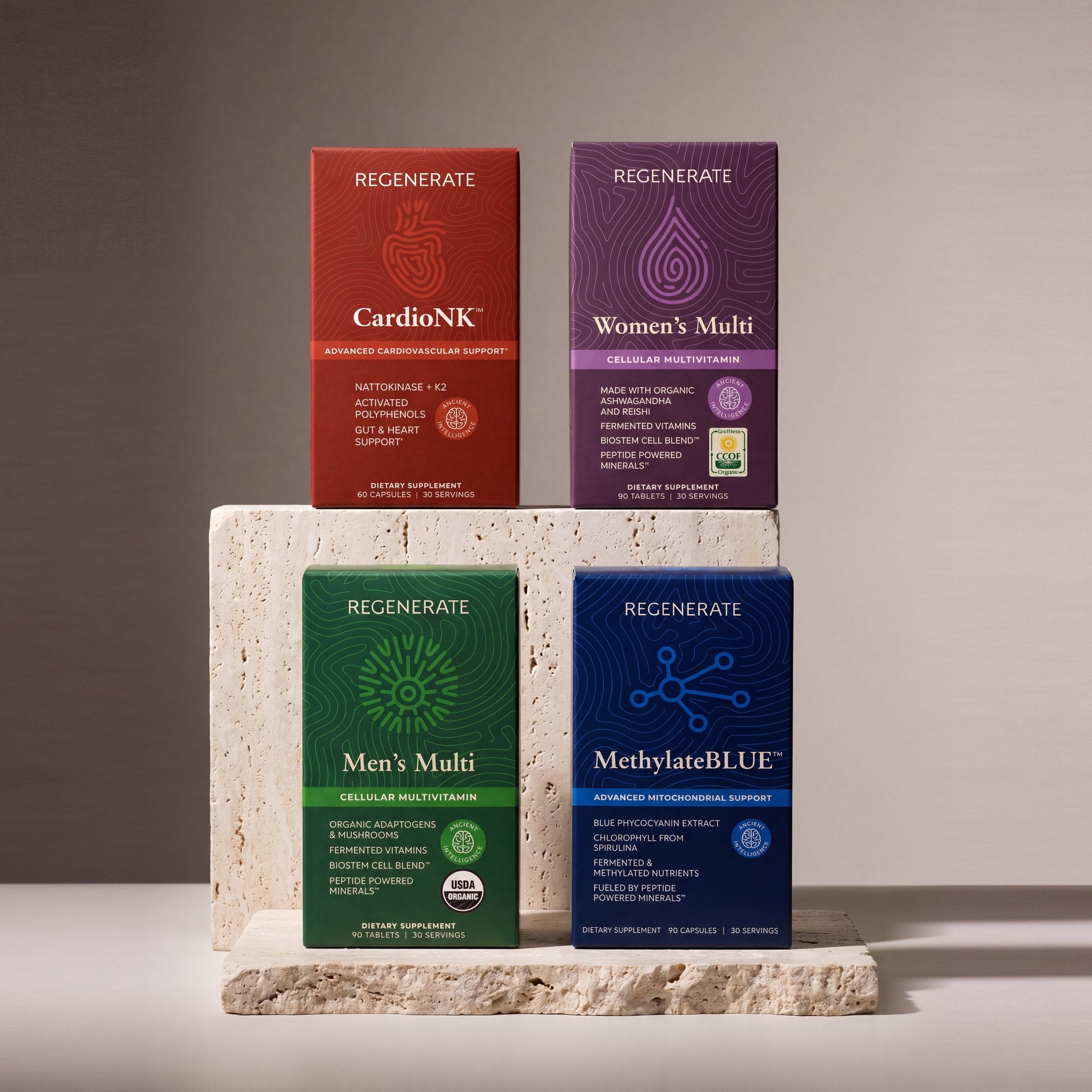 The four Regenerate formulas: CardioNK, MethylateBLUE, Men's Multi and Women's Multi