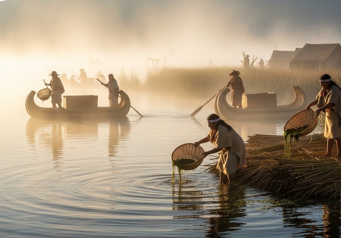 Aztecs harvesting blue-green algae from the lake