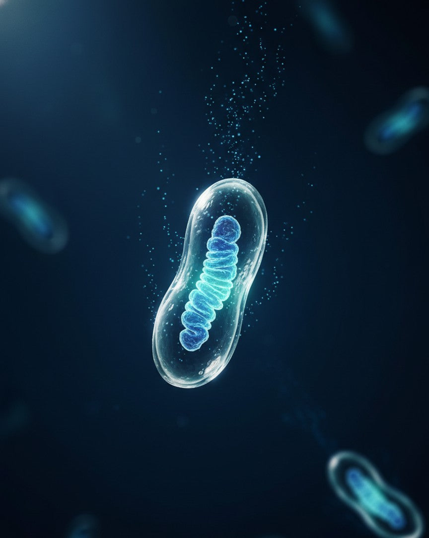 A glowing mitochondrion, the cellular powerhouse where MethylateBLUE supports ATP production