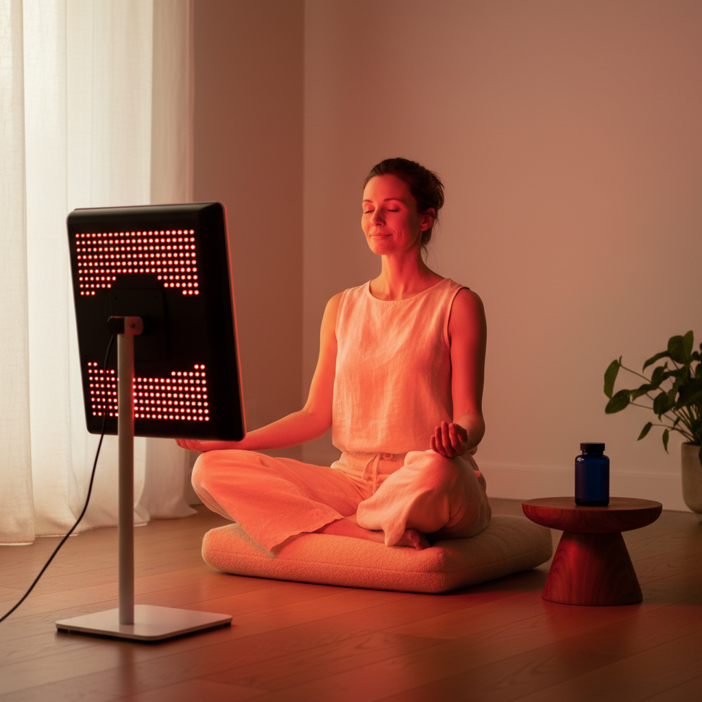 A woman receiving red-light therapy with MethylateBLUE on a pedestal nearby