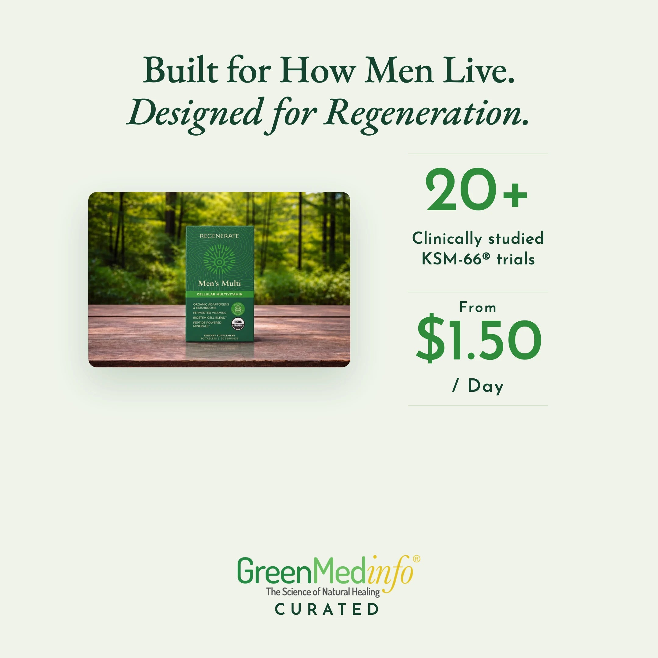 Built for how men live, designed for regeneration
