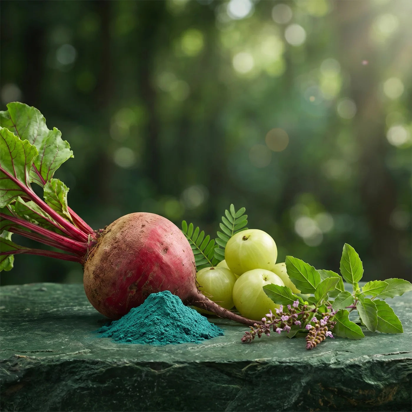 Organic beet root, spirulina, amla, holy basil
