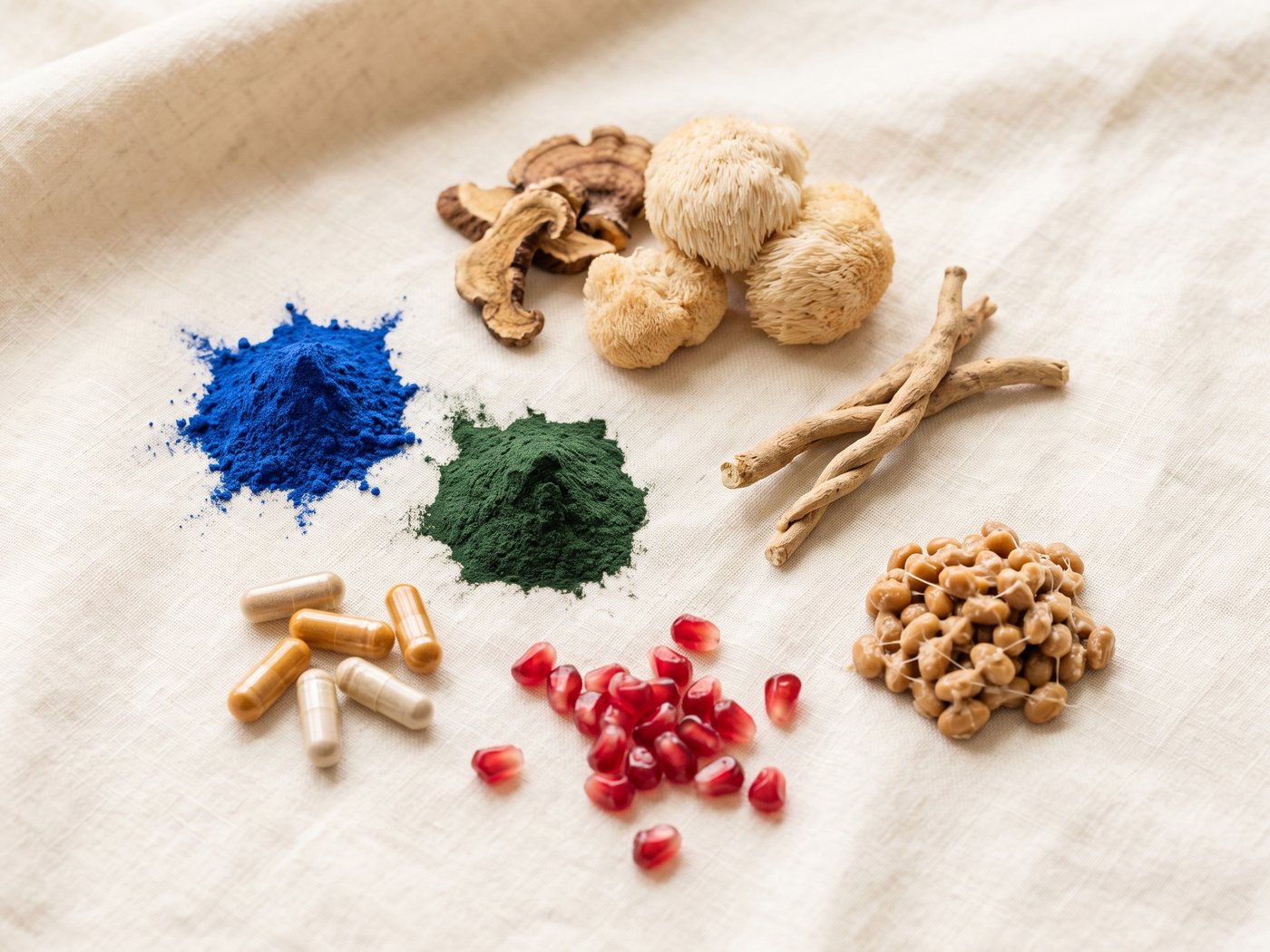 The raw ingredients behind the formulas: dried berries, spirulina, natto and botanicals laid out for inspection