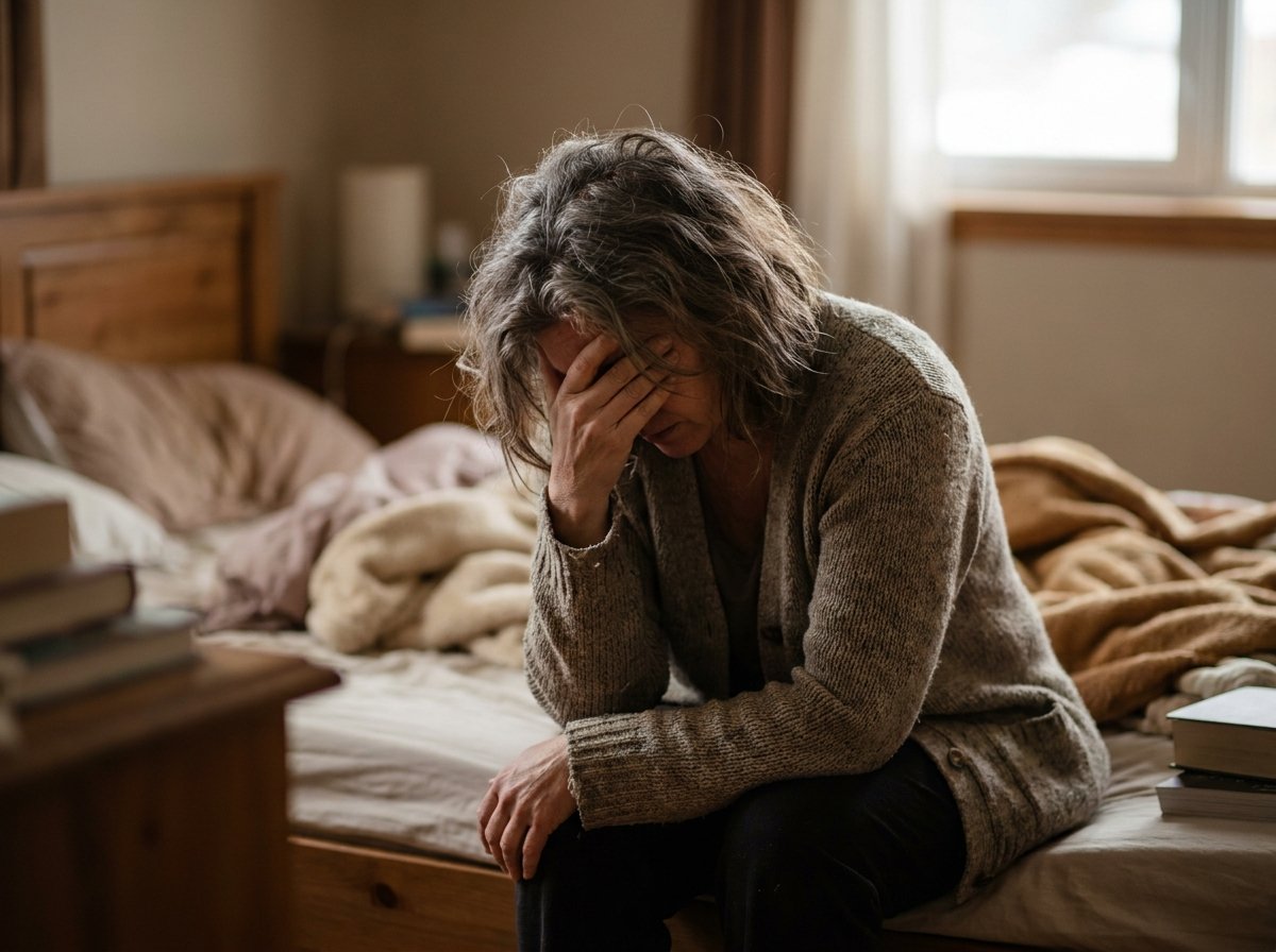 A woman in her late fifties, quietly feeling the years catch up with her