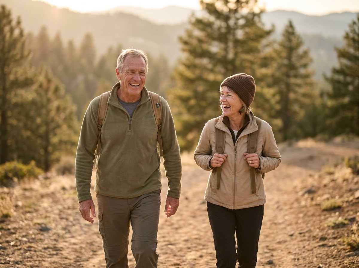 A vibrant couple in their sixties laughing together on a hiking trail