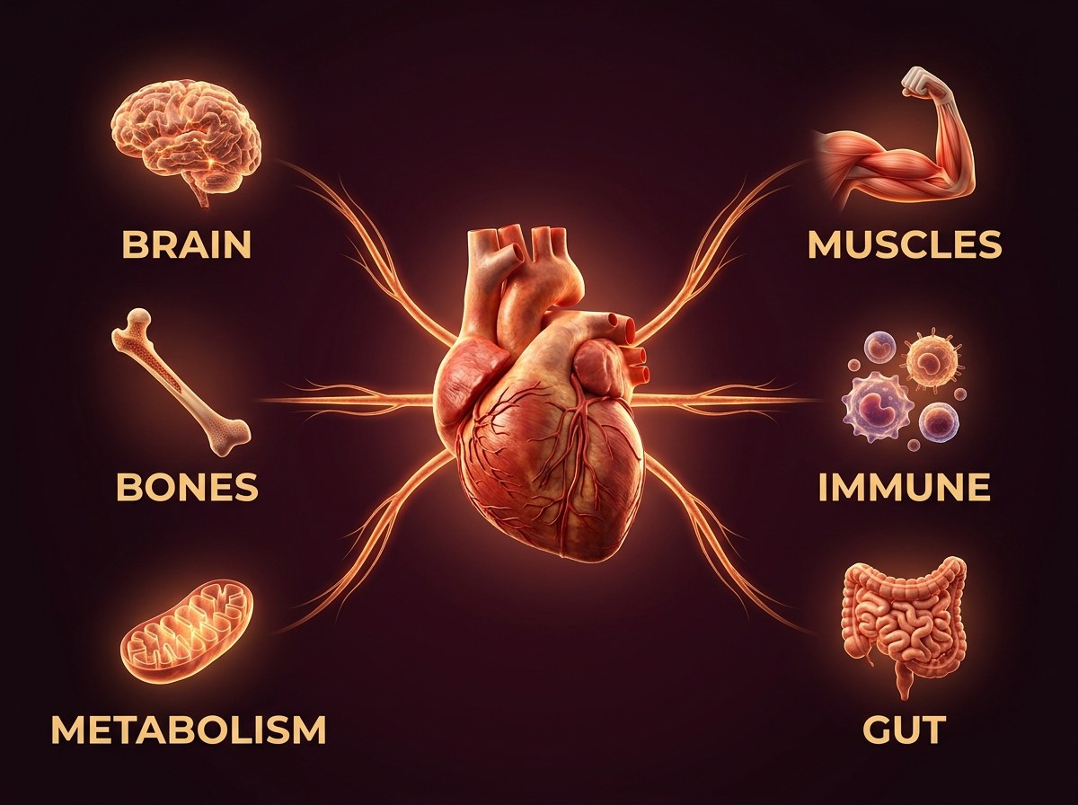 A realistic human heart at the centre of a network of arteries connecting to the brain, muscles, bones, immune cells, mitochondria and gut