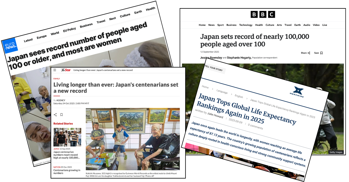 News headlines from the BBC, Euronews, The Star and Merxwire about Japan's record numbers of centenarians and world-leading life expectancy
