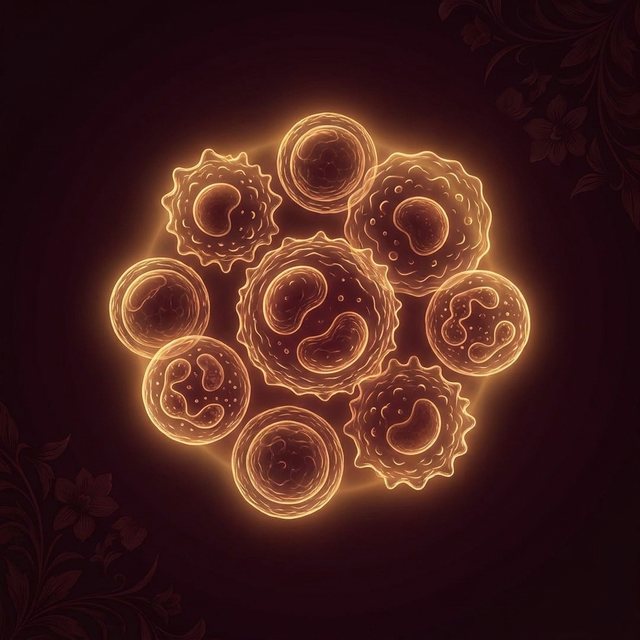 A glowing golden illustration of immune cells